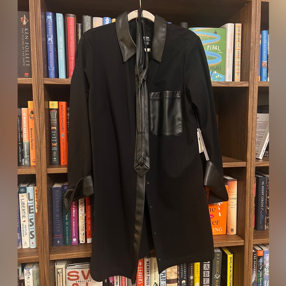 Black Faux Leather Trim Shirt Dress